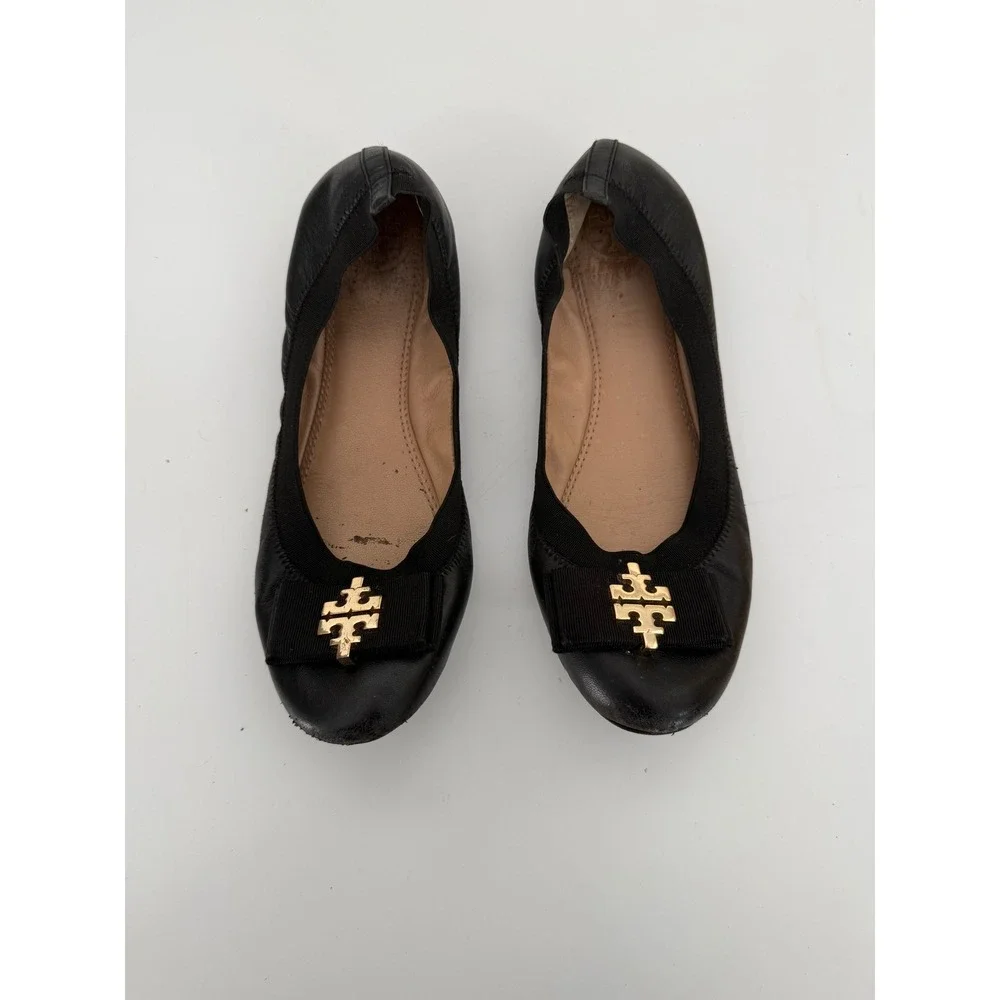 Tory Burch Liana Black Leather Bow Ballet Flats Gold Logo Hardware Round Toe 6.5